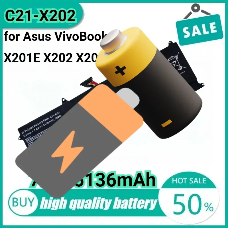

7.4V 38Wh 5136mAh C21-X202 Laptop Battery for Asus VivoBook X201 X201E X202 X202E S200 S200E VivoBook S200E, VivoBook S200