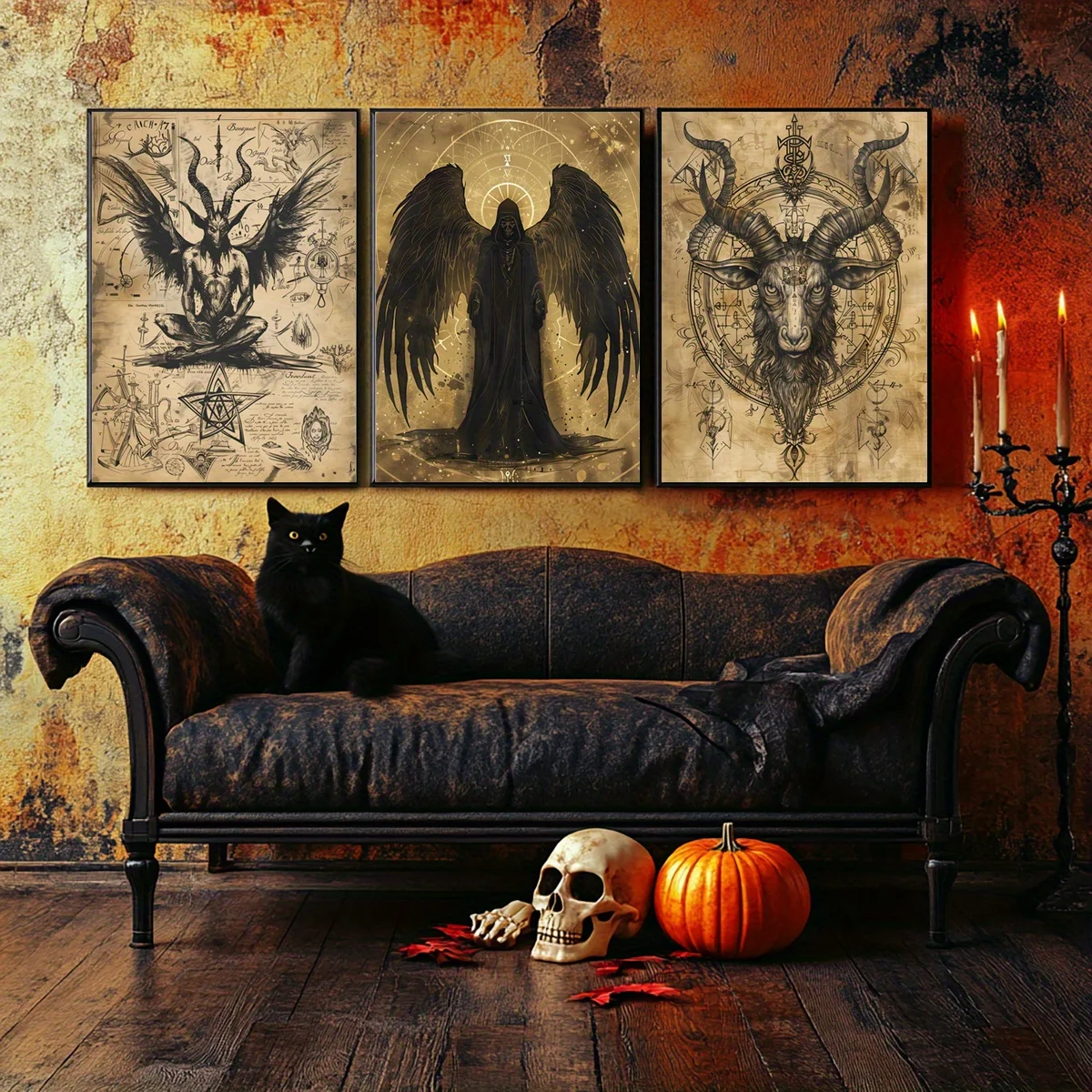 （NOframe 3PCS）-3pcs/Set Halloween Theme Canvas Posters, Goat Devil, Demon, Satan, Fallen Angel, Vintage Gothic Home Decoratio