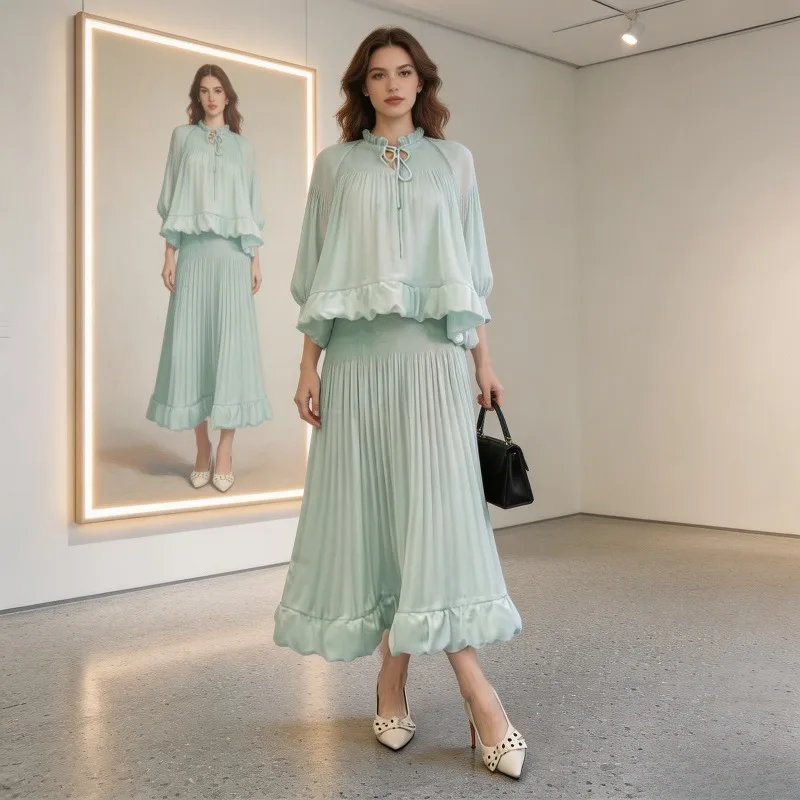 

Miyake Pleated 2026 New Spring Summer Ruffled Skirt Set Round Neck Fashion Pleated Loose Sweet Comfortable Casual Set Pleat