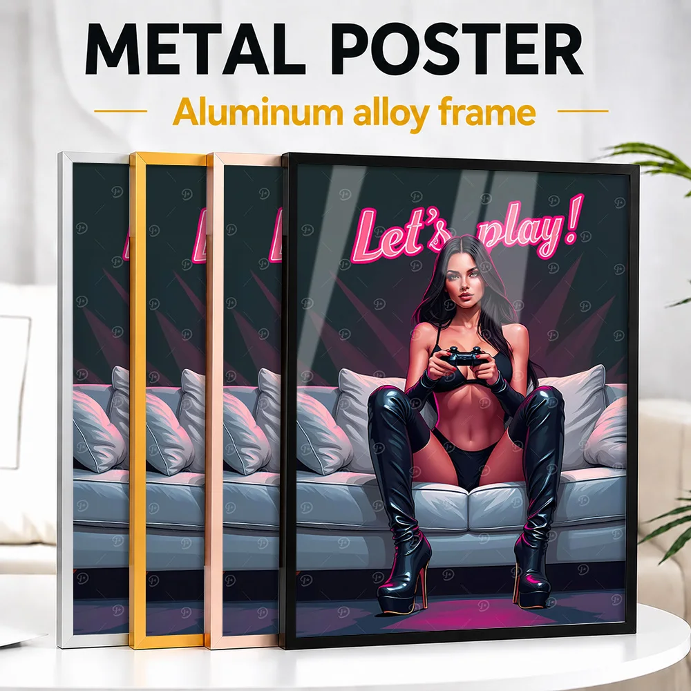 Sexy Gamer Girl With Controller Metal Poster With Aluminum Alloy Frame Personalized Photo Cozy Pixel Style Wall Art For Bedroom