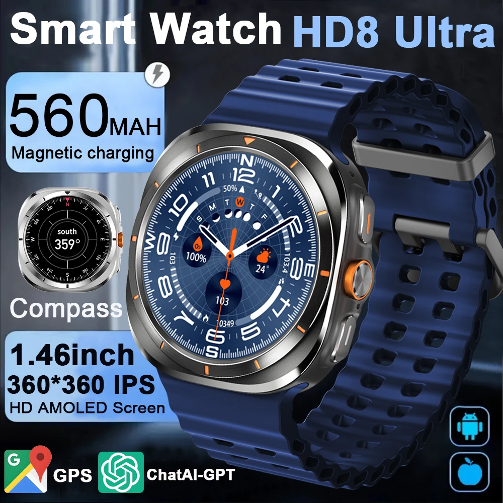 

46 мм часы 8 ультра классический GPS компас NFC SmartWatch мужские AMOLEDS ChatAI-GPT BT Call 3ATM водонепроницаемые часы 7 обновленные часы