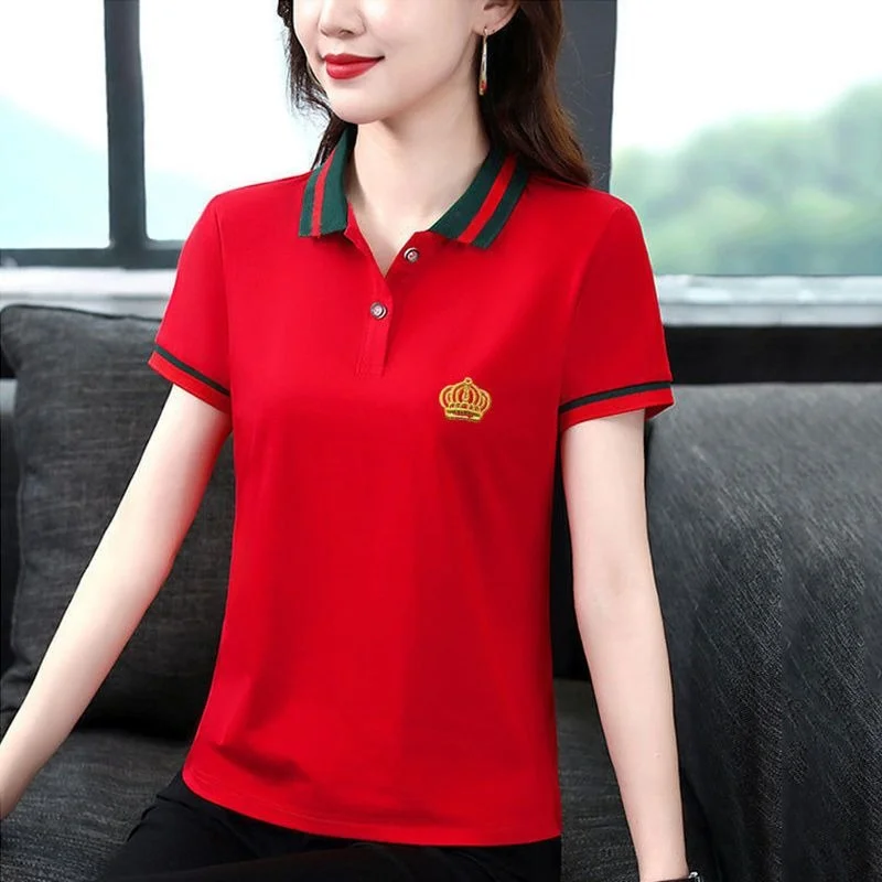 Green Red Womens Short Sleeve T-shirt Female\'s office Work Wear Korean Style Chic Trendy Casual Tops Polo Shirts