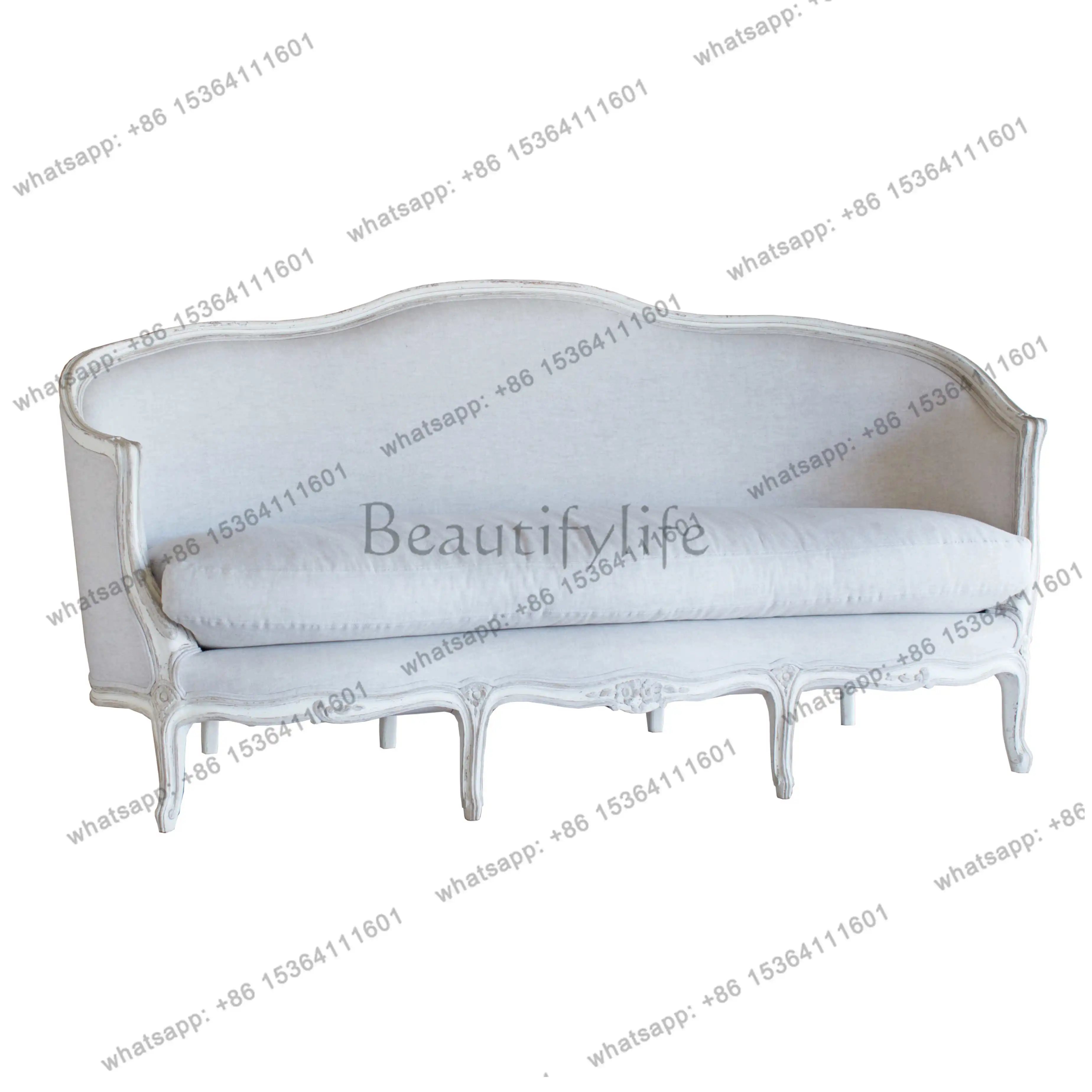 French solid wood three-person sofa retro old American European carved fabric soft bag villa studio