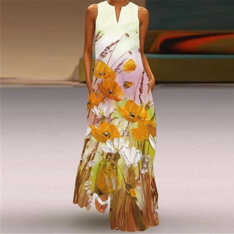 Summer Elegant Oil Painting Style Flower Print Hollow V-neck Long Dress Party Sleeveless Fashion Sexy Party Beach Long Dress