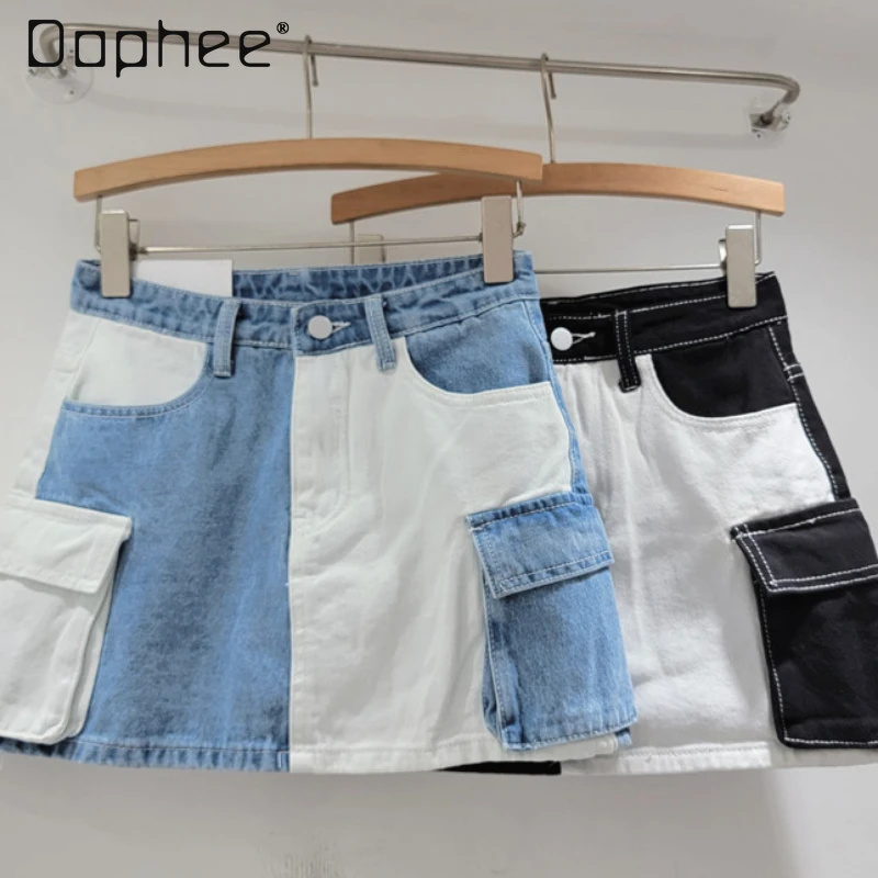 

Spring and Summer New American Retro Cargo Mini Jean Skirt 2024 Lady Black and White Stitching Large Pocket Short Denim Skirts