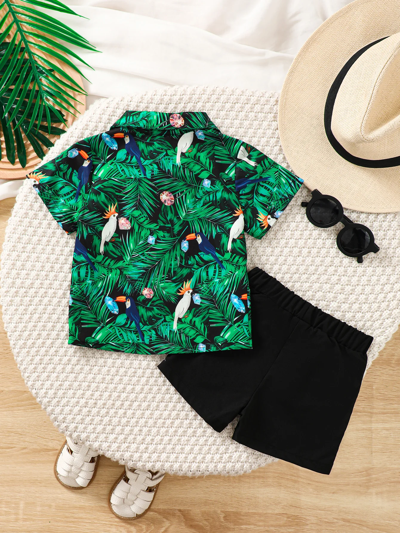 Fashion Summer 2PCS Toddler Boys Tropical Print Short Sleeve Shirt+Elastic Shorts Summer Outfit for 0-3Y Newborn Casual Wear