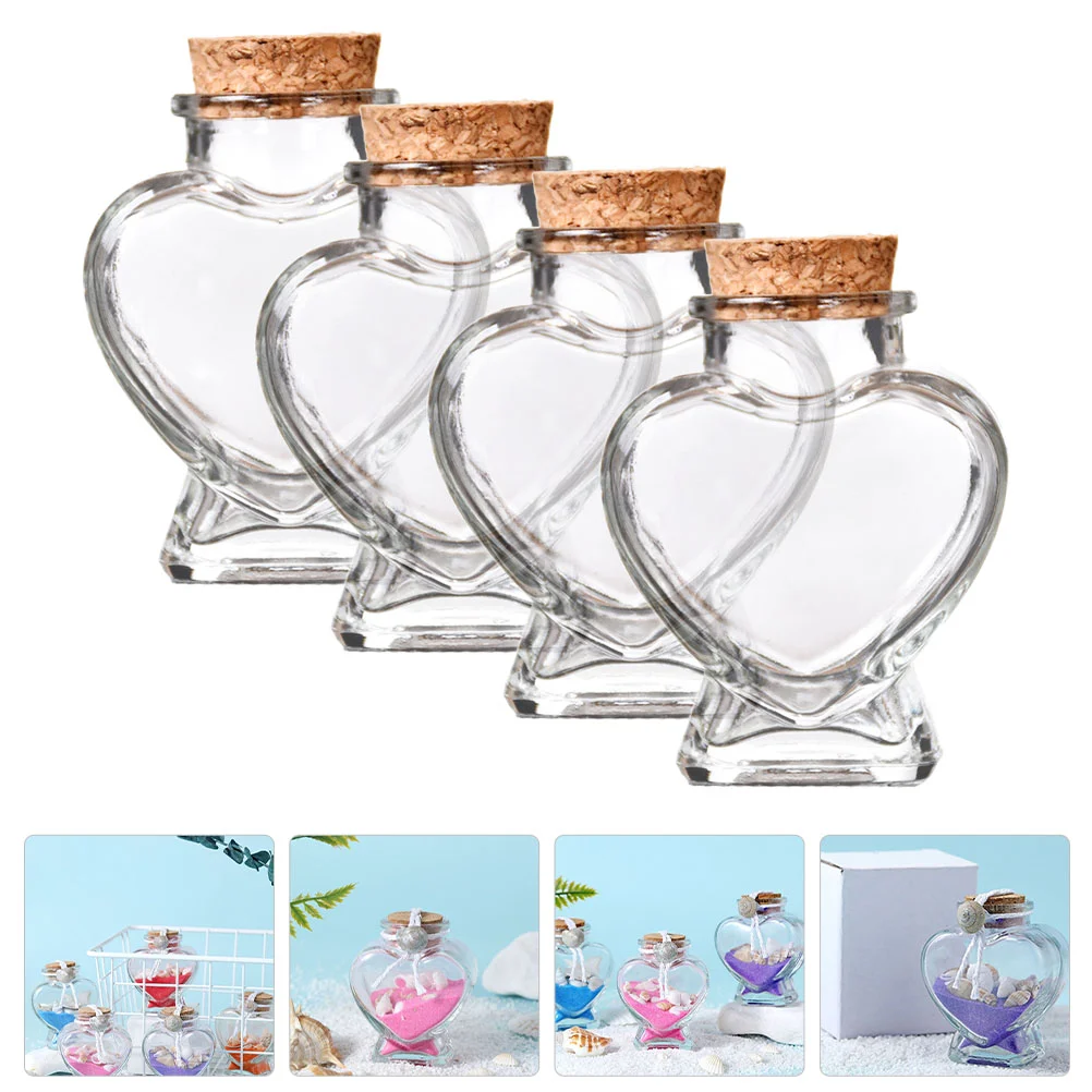 4 Pcs Small Glass Bottles with Cork Decorative Jars Lids Favor Seashells Heart Type Wish Tiny Candy Container