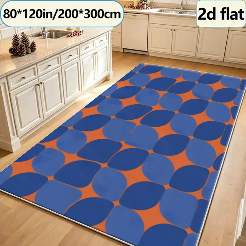 Blue and Orange Retro Geometric Oval Rug, Mid-Century Modern Style Carpet, Suitable for Living Room, Bedroom, and Home Floor Decoration