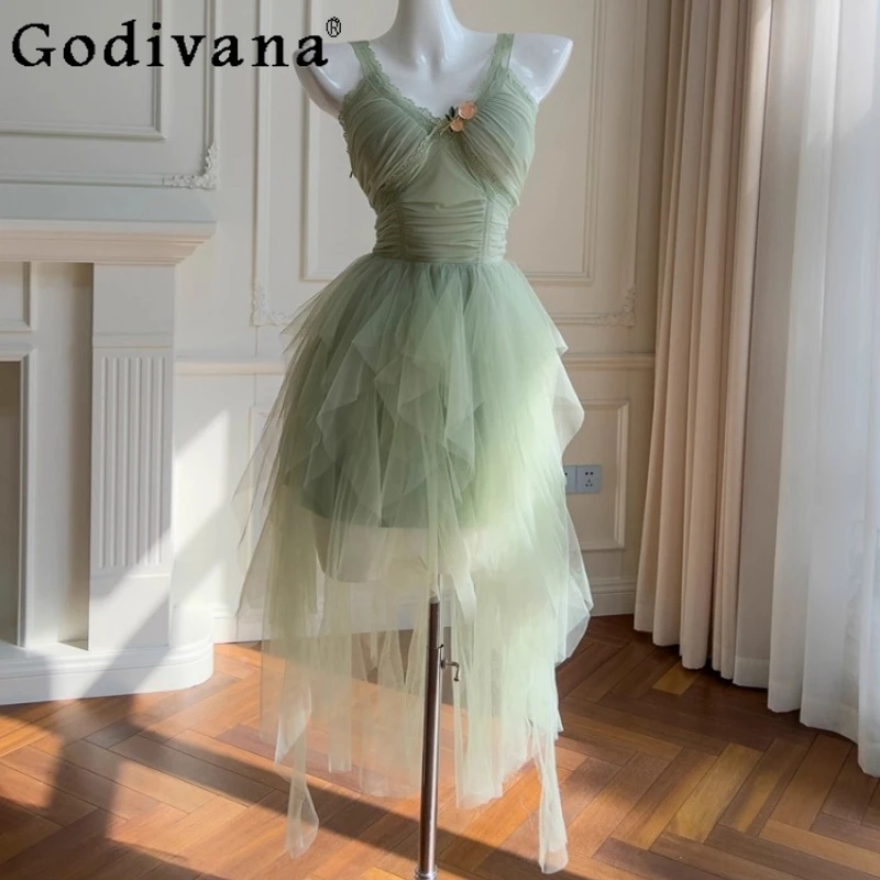 

French Style Luxury Birthday Mini Dress Women Princess Green Mesh Strap Dress Female Vacation Forest Style Long Dress