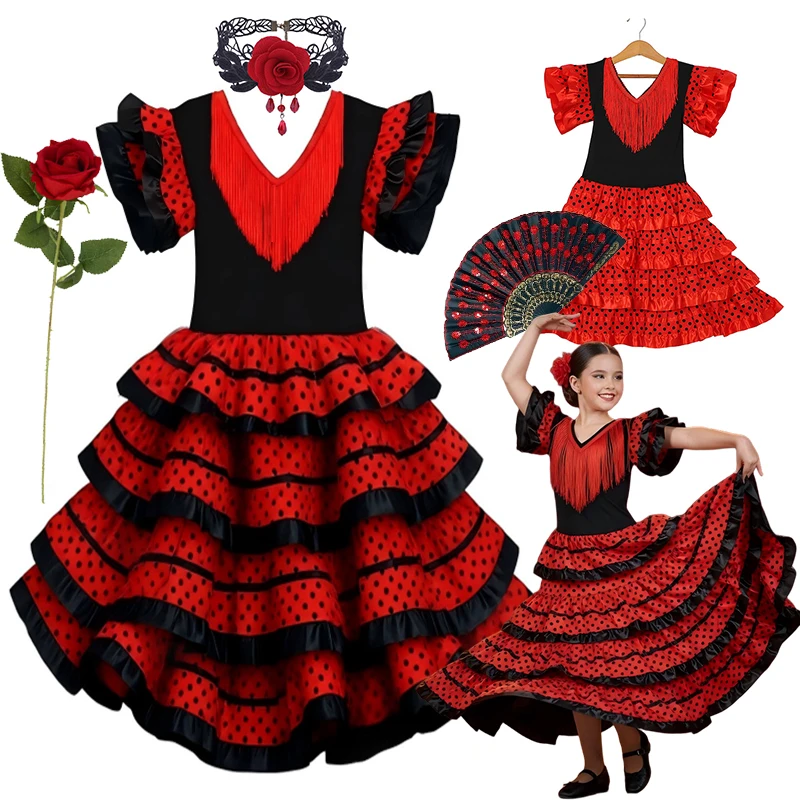 

Girls Spanish Flamenco Dance Dress Tassel Ruffled Sleeve Design Kids Carnival Stage Show Party Cosplay Performance Costume