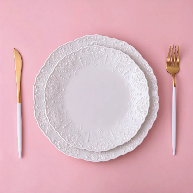2pcs set, 8+10inch, white embossed porcelain serving plate, porcelain dinner plates, chafing dishes, ceramic dinner plates