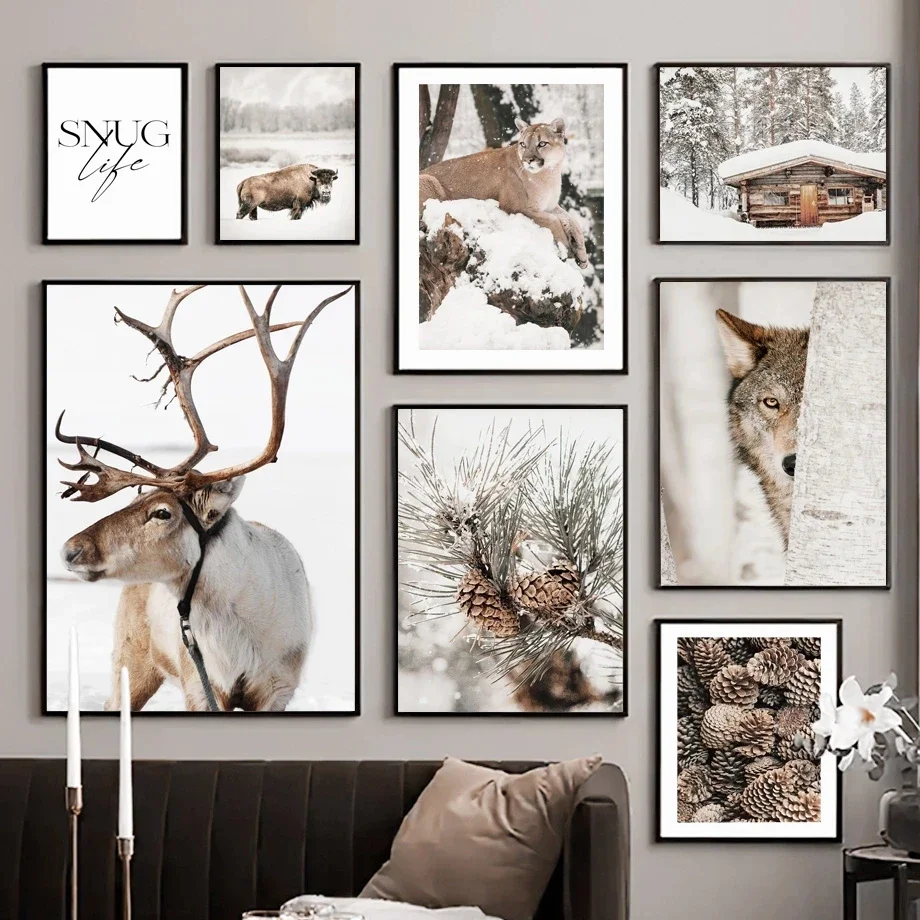 1PC Frameless  Winter Snow Scenery Picture Forest Animal Wood House Posters Wall Art Print Canvas Painting for Living Room Moder