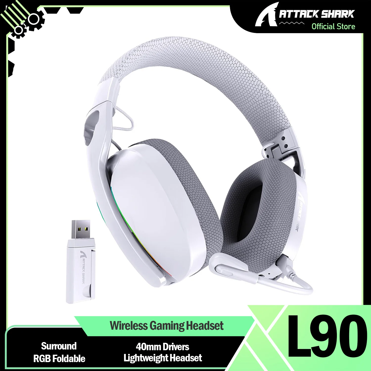 

ATTACK SHARK L90 Ultralight Wireless Gaming Headset, BT, 2.4G, 3.5mm Wired, RGB Foldable 7.2 Surround Sound Over-Ear Earmuffs