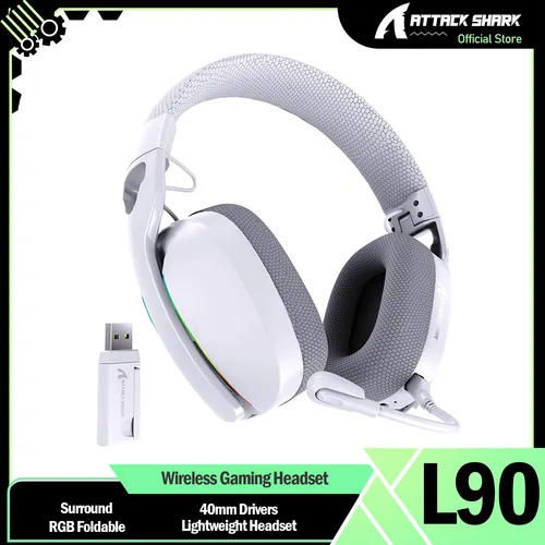 ATTACK SHARK L90 Auriculares inalámbricos ultraligeros para juegos, BT, 2,4G, cable de 3,5 mm, orejeras supraaurales plegables con sonido envolvente 7,2 RGB