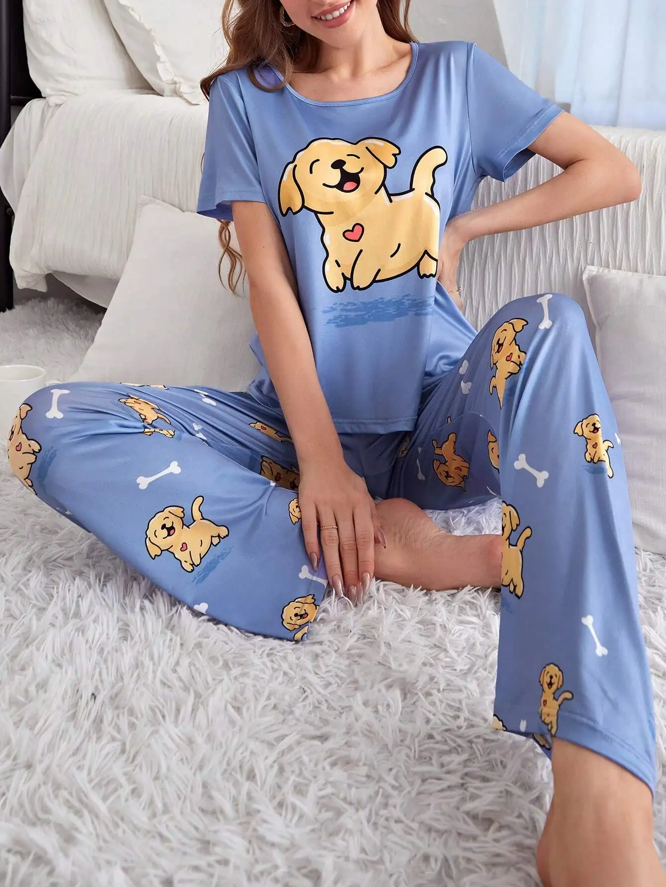 

Women's Blue Short Sleeve Pajama Set with Cute Dog and Bone Print