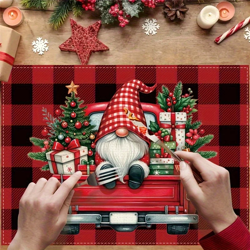 VIKAMA Plaid Gnome Truck Table Placemats - Red & Black Checkered Santa Sleigh Design, Durable Imitation linen Rectangular Mats