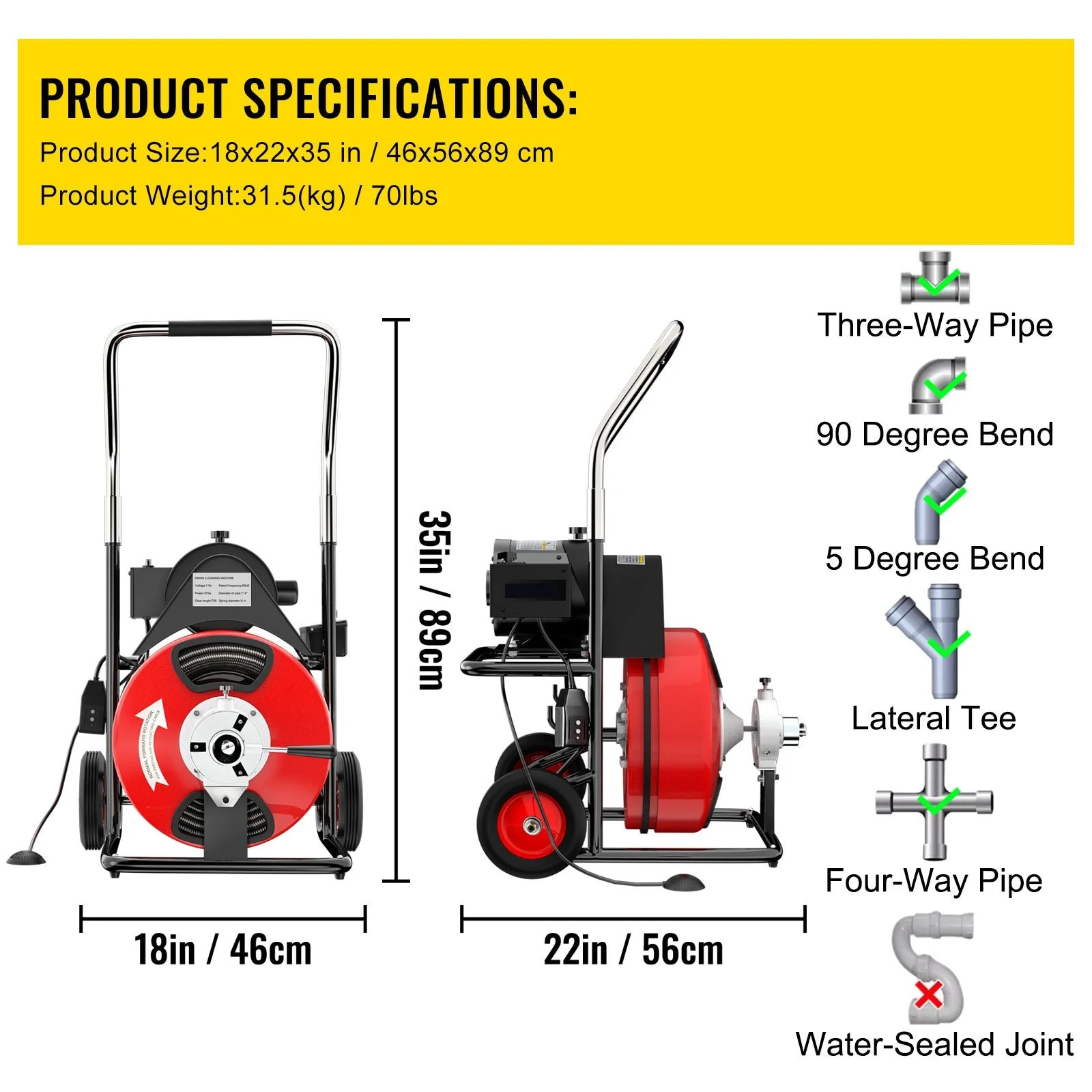 排水機75ft x 3/8インチ,370W,コンパクト電気排水管洗浄機,ポータブル,コンパクト