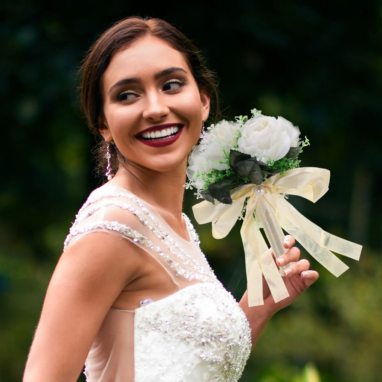 

Wedding Bridal Bouquet Artificial White Flower Bridesmaid Flowers Silk Ribbon Lightweight Elegant Faux Rose Bouquets For Wedding