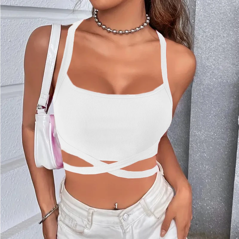 Y2k Frauen Sommer Tank Tops Sexy Einfarbig Backless Kreuz Verband Crop Tops High Street Tragen 2024 Mode Weinrot Camis Korsett