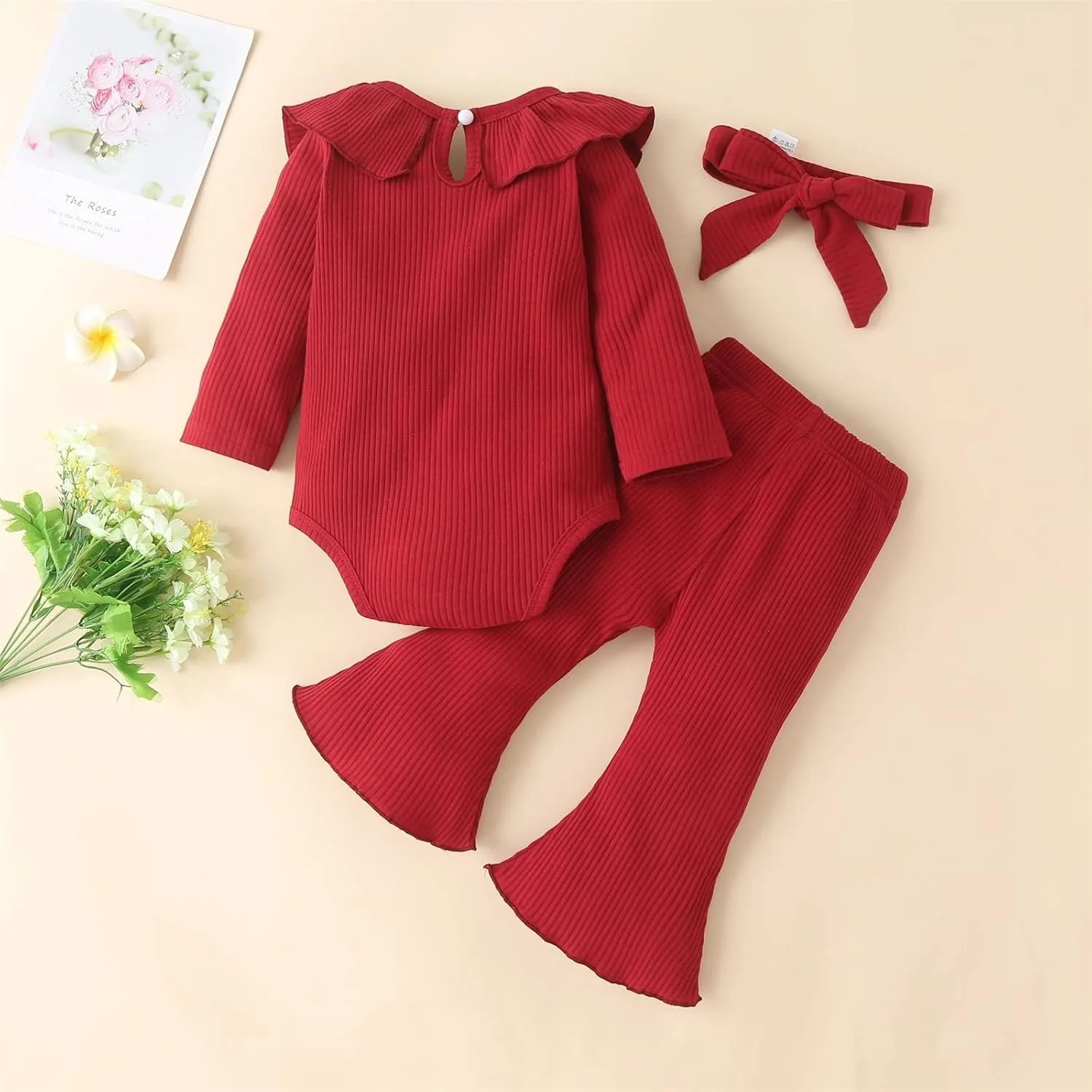 Spring 3Pcs Baby Girls Clothes Set Long Sleeve Romper Tops Flare Pants Headband Set