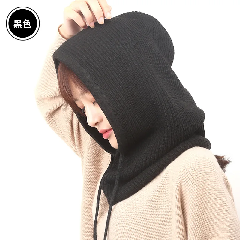 Women One Piece Slouchy Beanie Hats Scarf Mask Drawstring Warm Hooded Winter Balaclava Pullover Knitted Hat