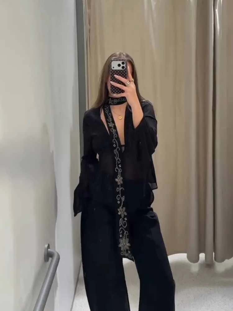 HH Frau Sommer Mode Elegante Lange Ärmel Tiefem V-ausschnitt Georgette Stoff Perlen Schal Dekoration Sexy Hemd Weibliche Süße Tops