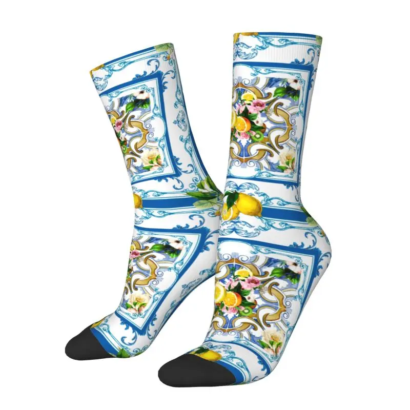 Custom Mediterranean Lemons Sicilian Tiles Dress Socks Men Women Warm Fashion Crew Socks