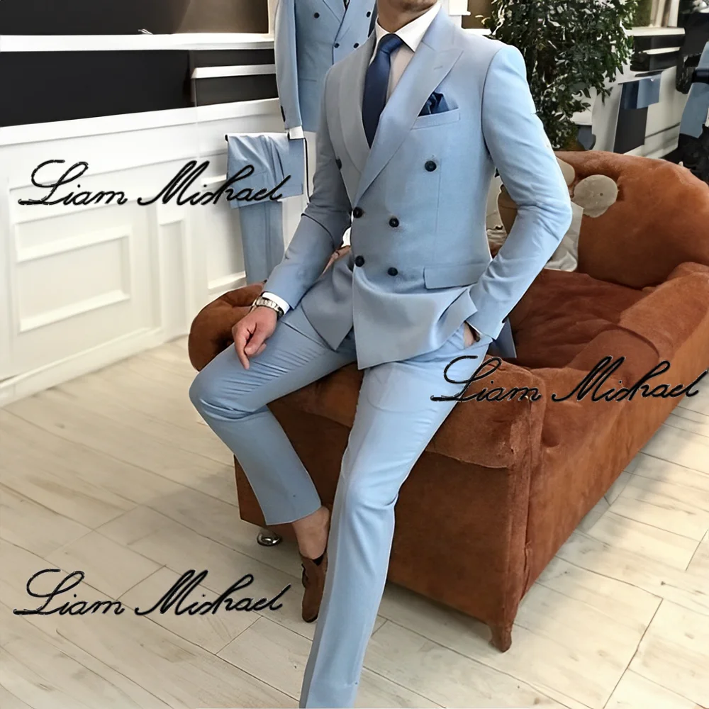 Light Blue Men\'s Suit 2 Piece Double Breasted Jacket Pants Formal Wedding Groom Tuxedo Peak Lapel Blazer Customized Men\'s Suit