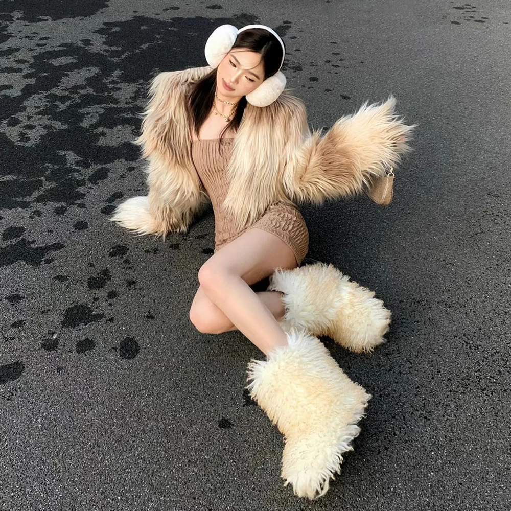 Winter Warm Plush Snow Boots for Women Furry Fluffy Faux Mongolian Fur Boots Girl Fashion Mid-Calf Round Toe Non-slip Boots Y2K