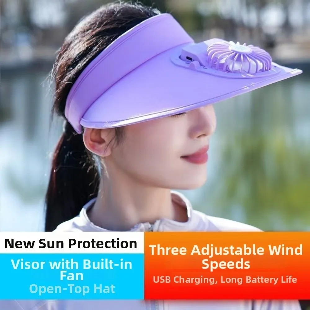USB Rechargeable Cooling Fan Hat Large Brim Portable Empty Top Sunscreen Cap Anti UV Protection Breathable Women Sun Hat
