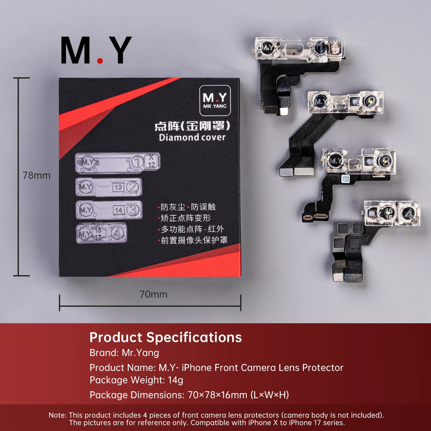 YCS 4Pcs Dot Matrix Diamond Cover – Front Camera Lens Protector Anti-Dust & Anti-Touch for IPhone X~17 Pro Max Face ID Repair
