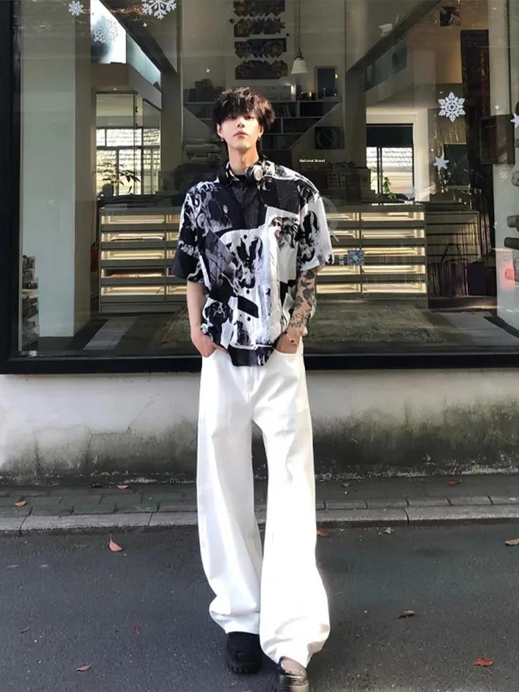 

Cleanfit White Wide Leg Men's Jeans American High Street Knife Pants Premium Straight Micro Flared Long Trousers