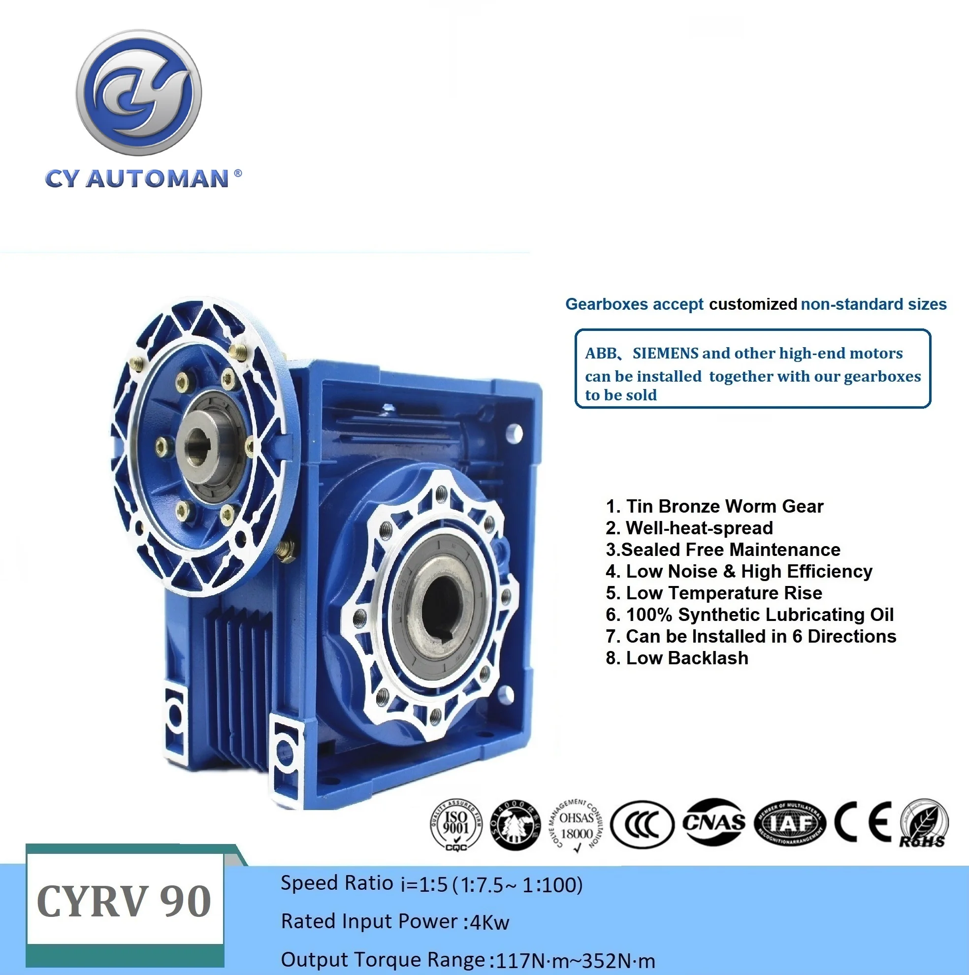 CYAutoman Worm Gearbox Free maintenance Big Torque NMRV090 Input 19/22/24/28mm Output 35mm Ratio 5:1/100:1   Round Square Flange