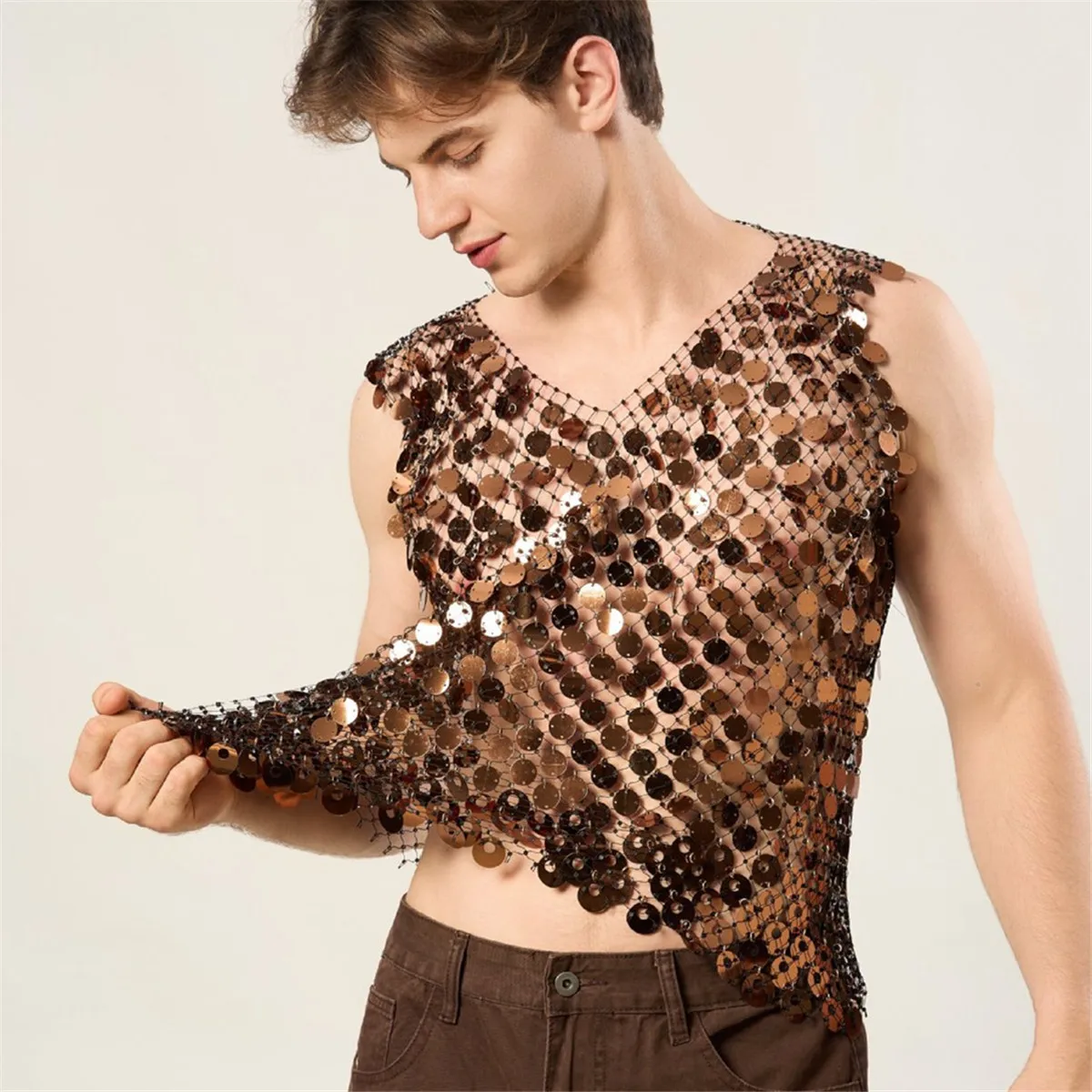 Blue Glitter Tank Tops Men Hollow Out Fishnet Muscle Vest Man See Through Tees Sequins Sleeveless T-Shirt Sexy Nightclub Tops