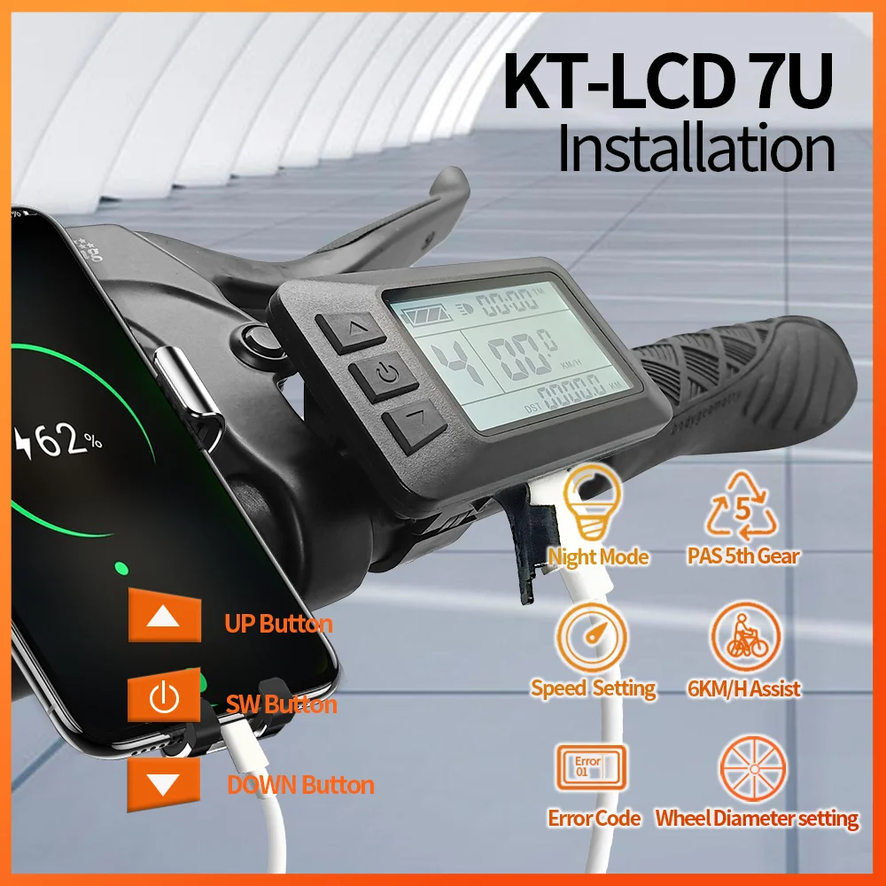 Ebike KT-LCD7U (con USB) Display per Kit di conversione bici tensione compatibile 24V 36V 48V con spina 5 pin impermeabile/SM