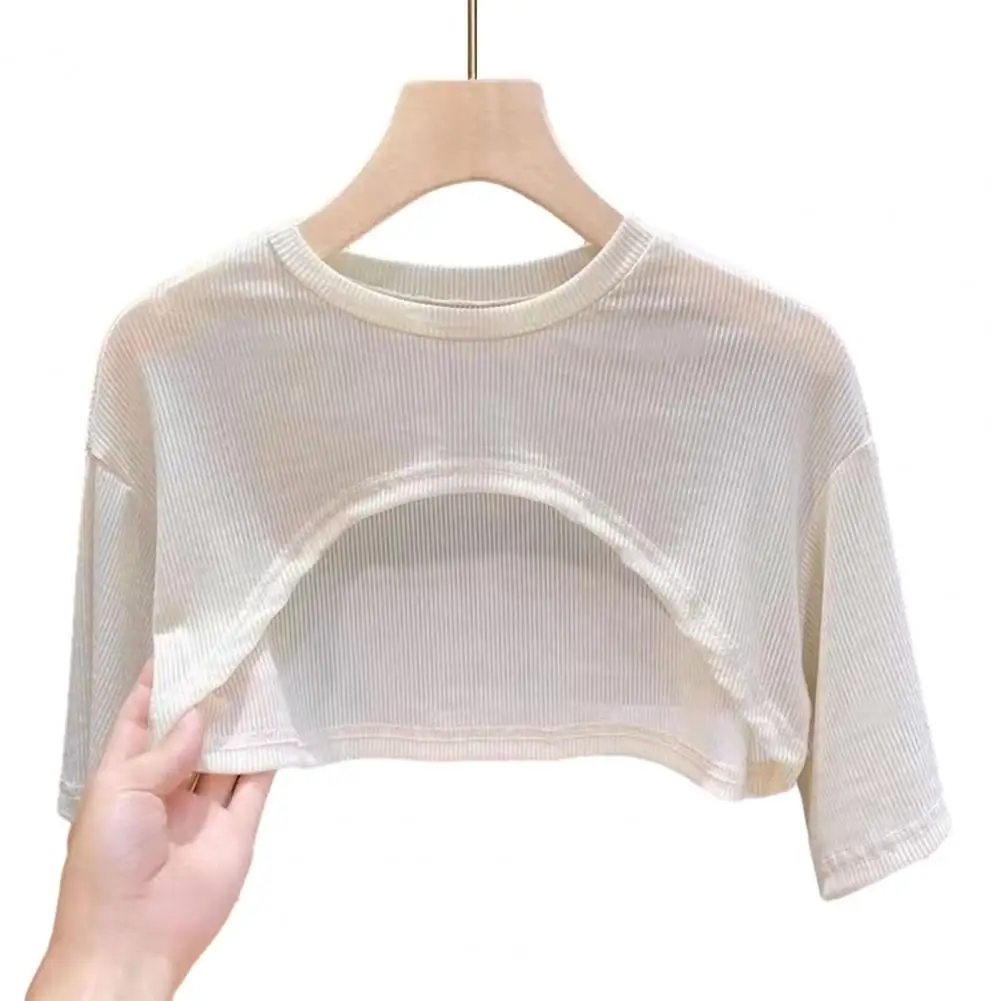 

Women Sunscreen Tops Short Sleeve Round Neck Tee Shirt with Thin Perspective Effect Solid for Summer