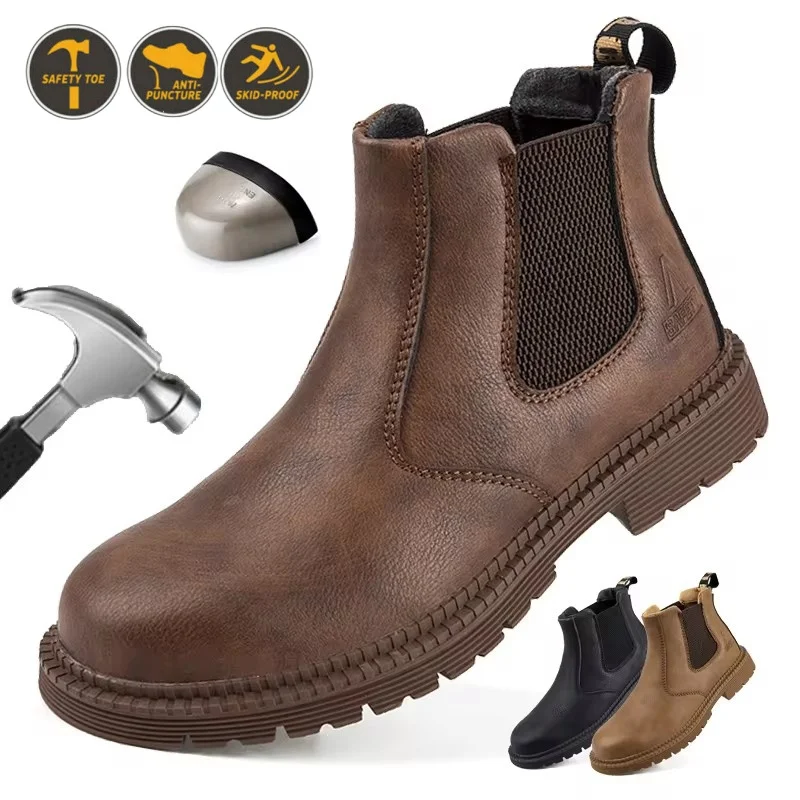 

Water Proof Safety Work Shoes For Men Steel Head Leather Boots Male Footwear Indestructible Construction Brown Work Shoes