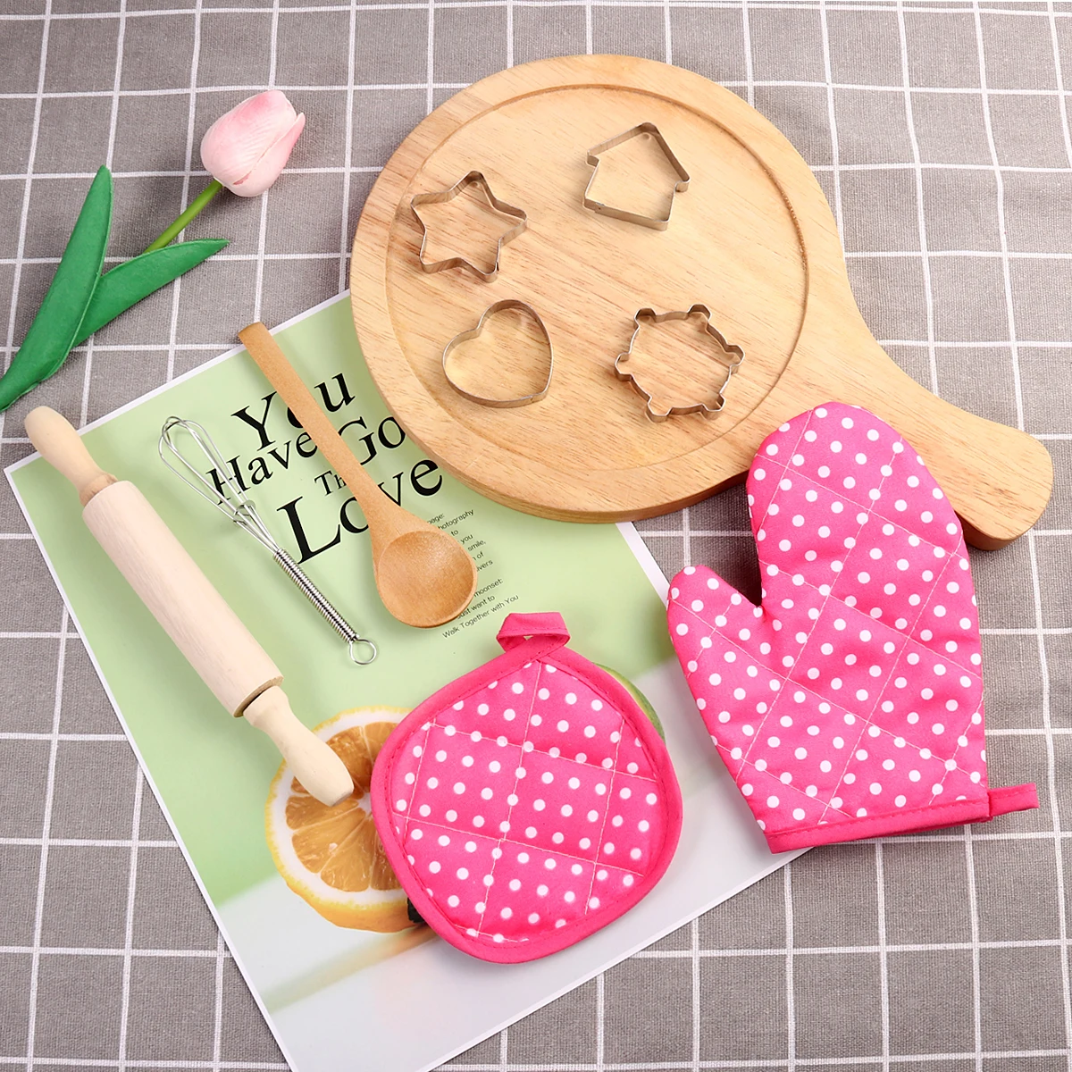 11-teiliges komplettes Küchenspielset für Kinder, rosa Kostüm, Rüschenbesatz, verstellbare Schürze, Hut, Holzlöffel, Nudelholz