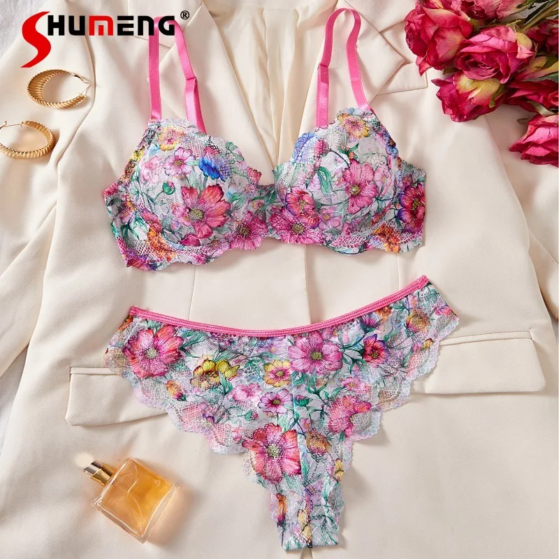 

European American Floral Lace Bra Set Women Ultra Thin Cup Underwire Underwear Lady Push Up Transparent Intimates Suits