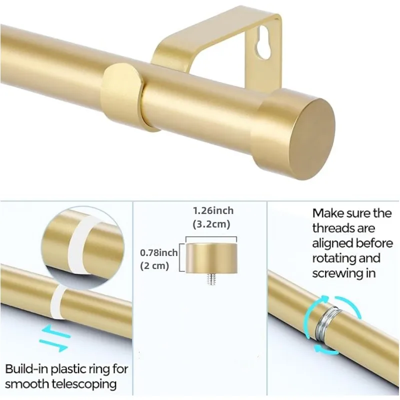 Gold Curtain Rod Set 32 to 79 INCH, Adjustable Curtain pole, Extendable Curtain Rods, Modern Simple Curtain Rod with  End Cap