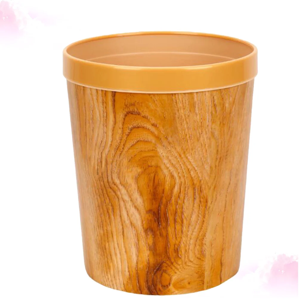 

12L Plastic Trash Can Round Imitation Wood Grain Garbage Bin For Bathroom Home Office Mini Waste Container Storage Box Organizer