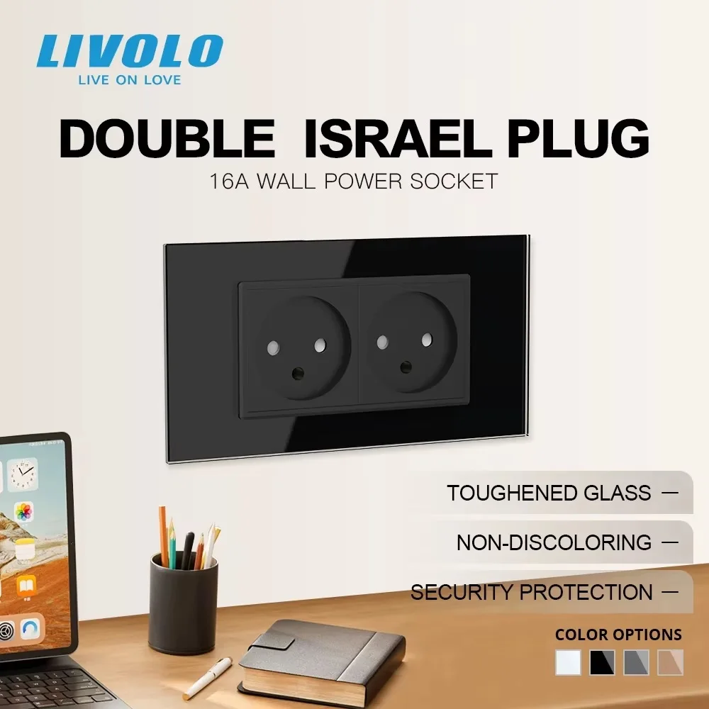 LIVOLO Double Power Socket 16A Outlet Converter,Tempered Glass Panel, AC 100~250V Israel Plug for Home Improvement