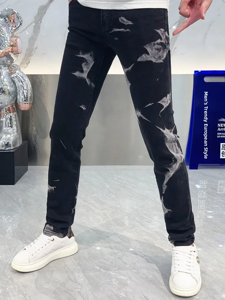 

Модные черные мужские джинсы Slim Fit 2025 года, осенне-зимние, с принтом, трендовые, в уличном стиле, с отворотами, длинные брюки, повседневная одежда
