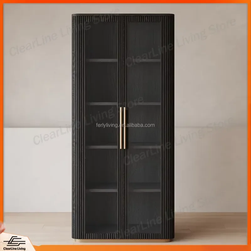 American Style Solid Wood Display Cabinet 2 Glass Doors Corrugated Decoration Living Room Storage Shelf Modern Home Furniture