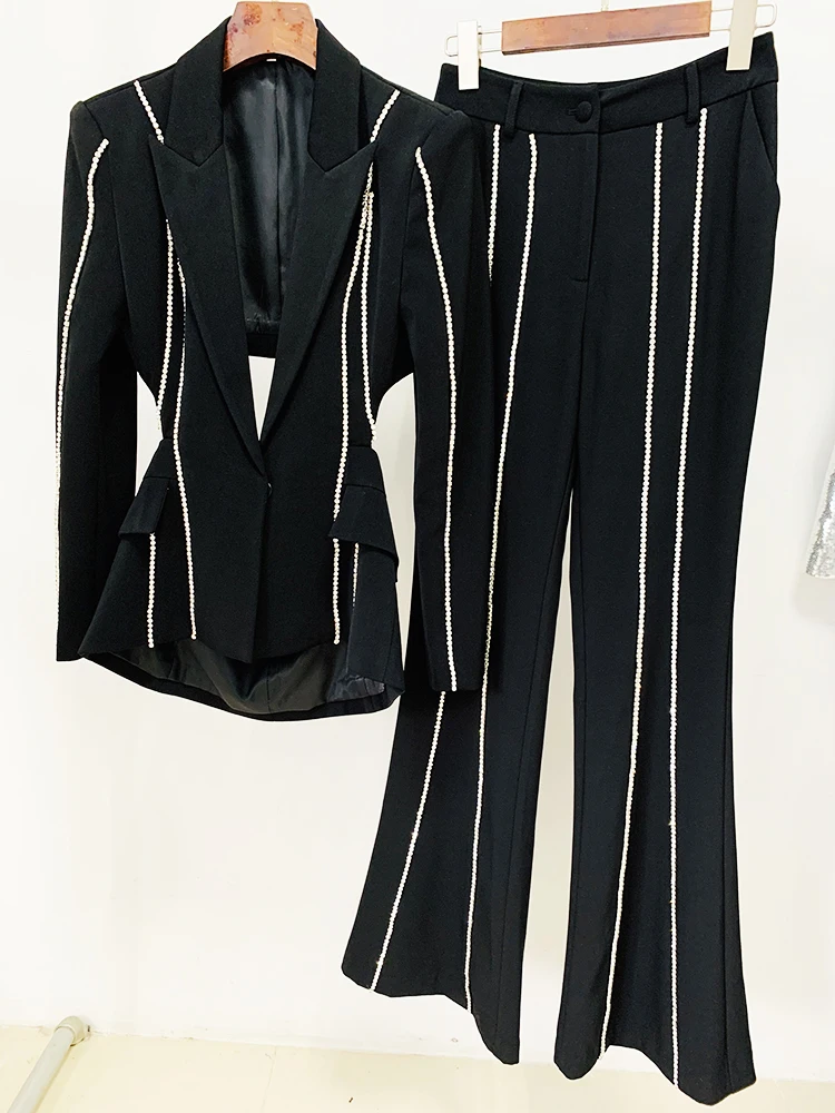 Conjunto de traje de diseñador para mujer, Blazer con cuentas de diamantes y un solo botón, pantalones acampanados, alta calidad, novedad de 2024