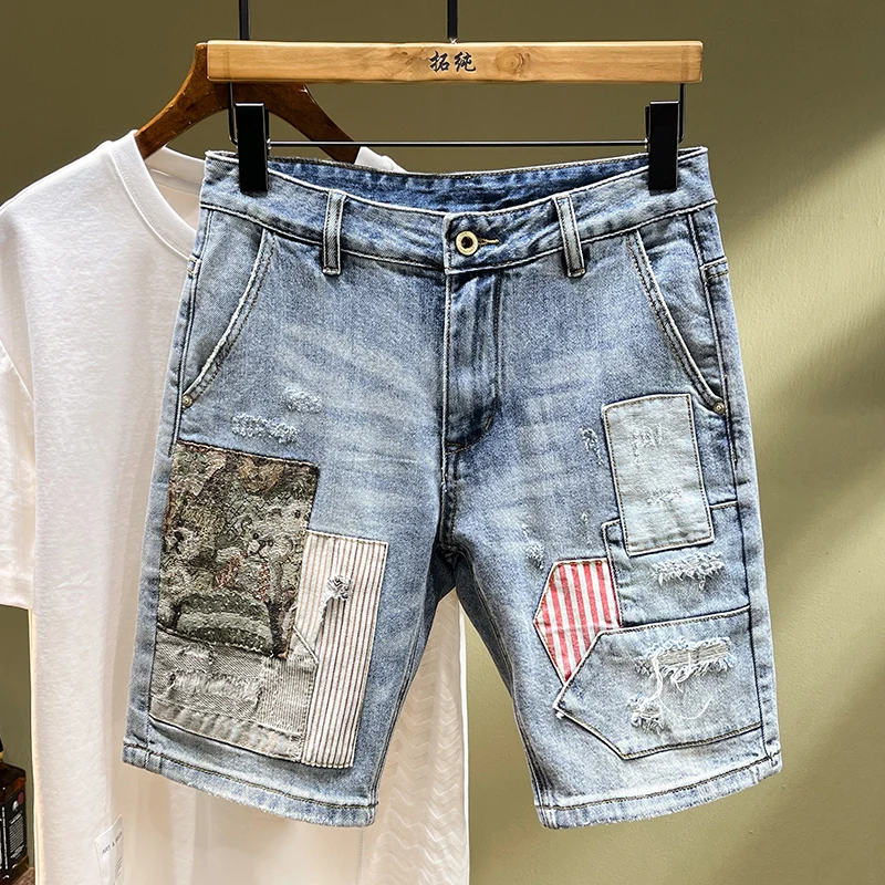 2024 Summer New Street Fashion Flap Demin Men's Patchwork Grunge Men's Denim Shorts Heavy Duty Washed Blue Pants