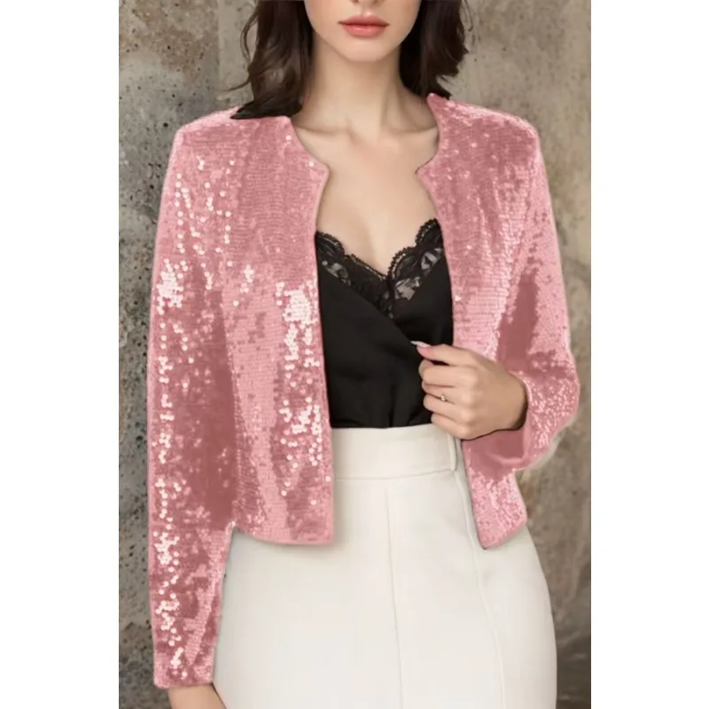 

Spring and Autumn Women's Fashion Stand Collar Color-blocking Sequin Jacket Short Casual and Ever-Match Small Jacket