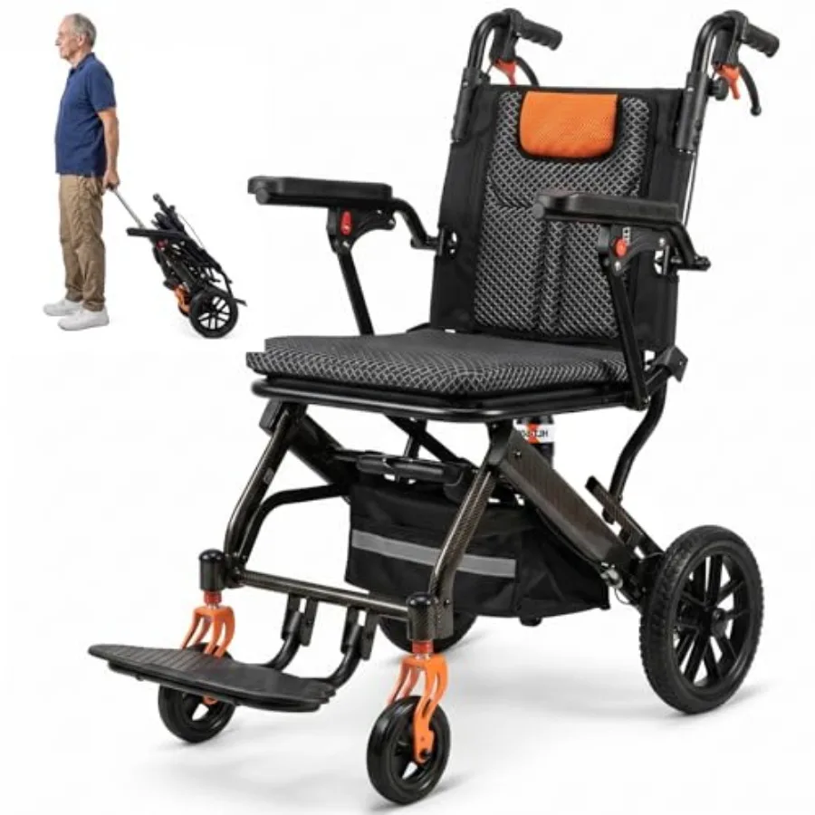 

SOFTFISH Transport Wheelchair with Telescopic Rod, Wheelchairs for Adults with Foldable Footrest and Armrests, Narrow Wheelchai