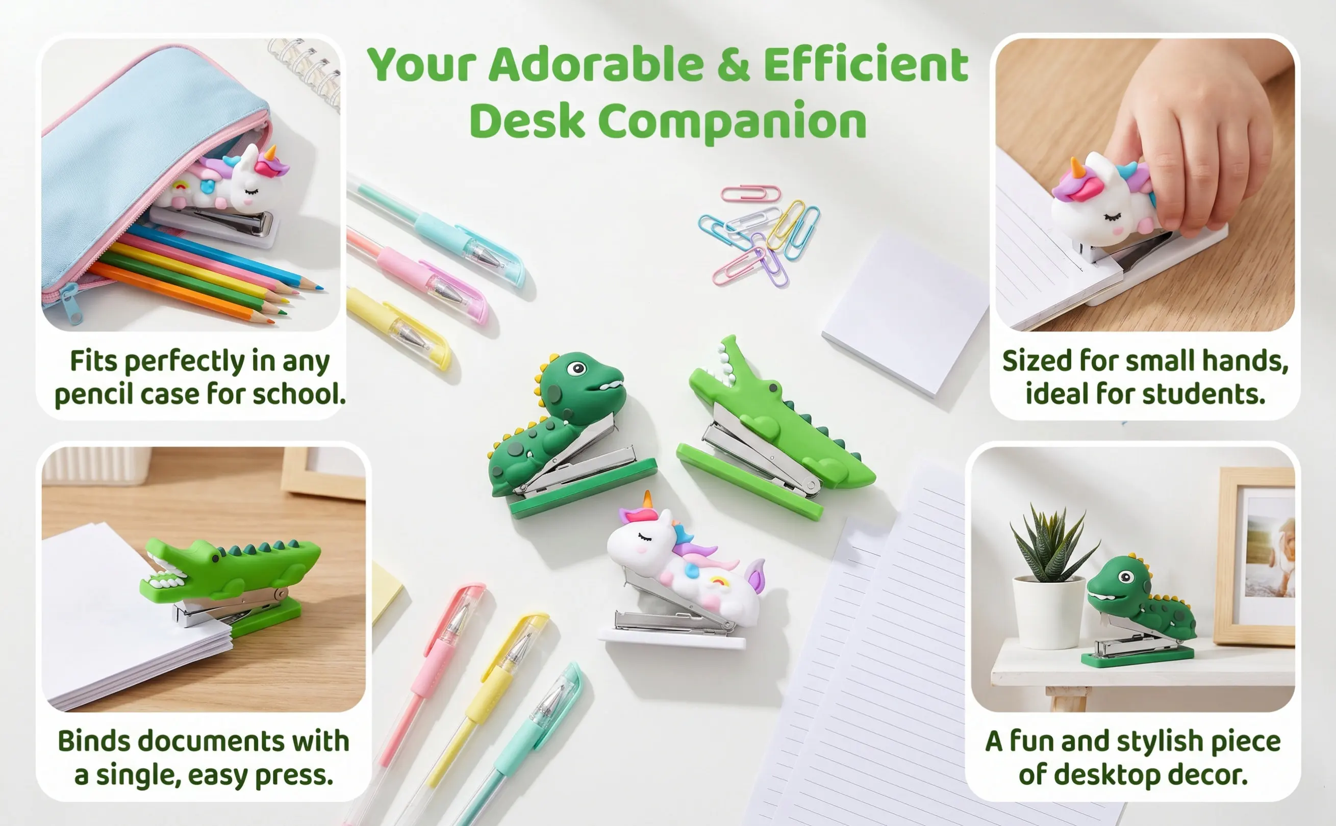 3Pcs Mini Cute Cartoon Stapler for Desk Office Study Kids Teachers - Strong Mechanism Large Capacity Non-Slip Feet Aesthetic
