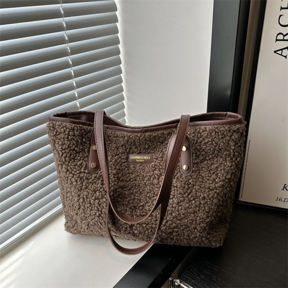 Bolso de hombro informal de lana de cordero, bolso de mano portátil de gran capacidad, bolso multifuncional, bolso de compras suave para mujer, bolso de mano de viaje